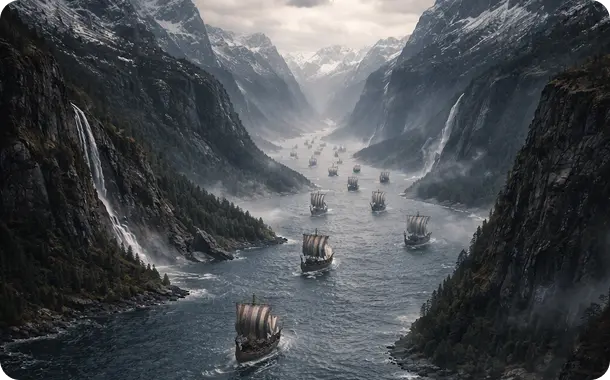 Viking ships in fjord